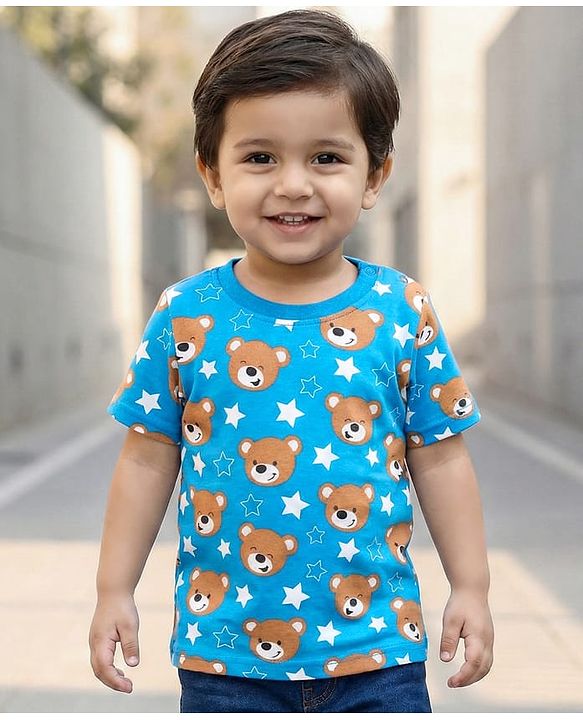 Babyhug Cotton Knit Half Sleeves T-Shirt with Bear Print - Blue