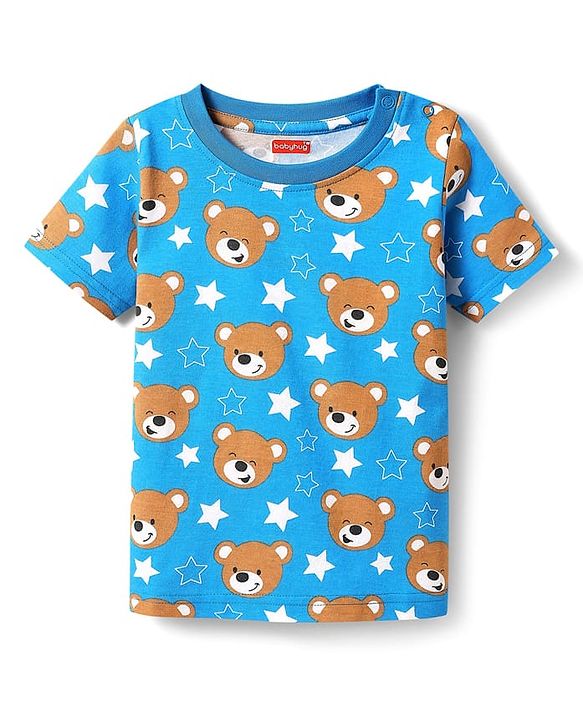 Babyhug Cotton Knit Half Sleeves T-Shirt with Bear Print - Blue