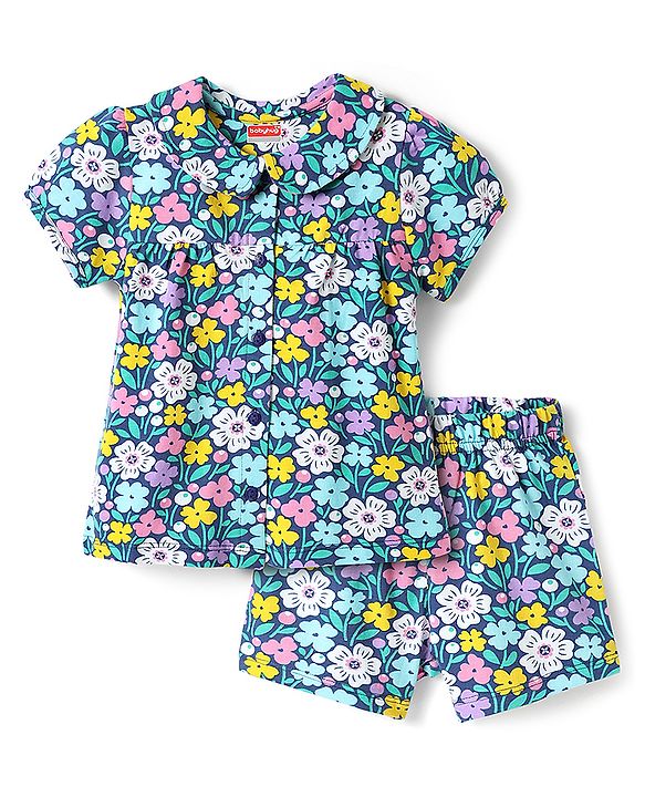 Babyhug Cotton Knit Half Sleeves Peter Pan Collar Shorts Night Suit with Floral Print - Navy Blue