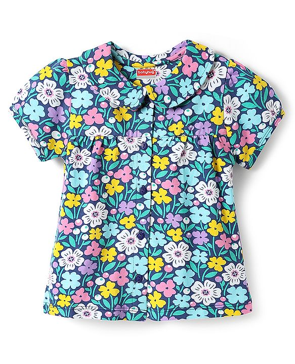 Babyhug Cotton Knit Half Sleeves Peter Pan Collar Shorts Night Suit with Floral Print - Navy Blue