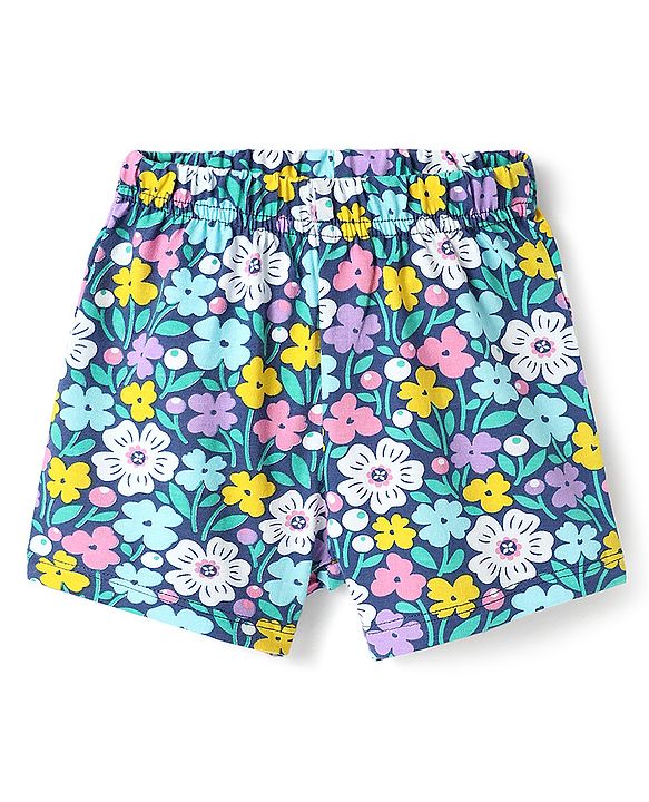 Babyhug Cotton Knit Half Sleeves Peter Pan Collar Shorts Night Suit with Floral Print - Navy Blue
