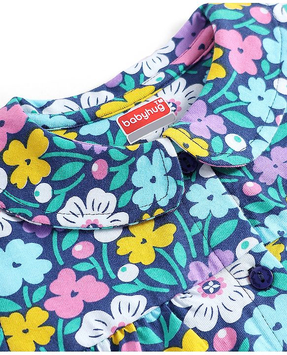 Babyhug Cotton Knit Half Sleeves Peter Pan Collar Shorts Night Suit with Floral Print - Navy Blue