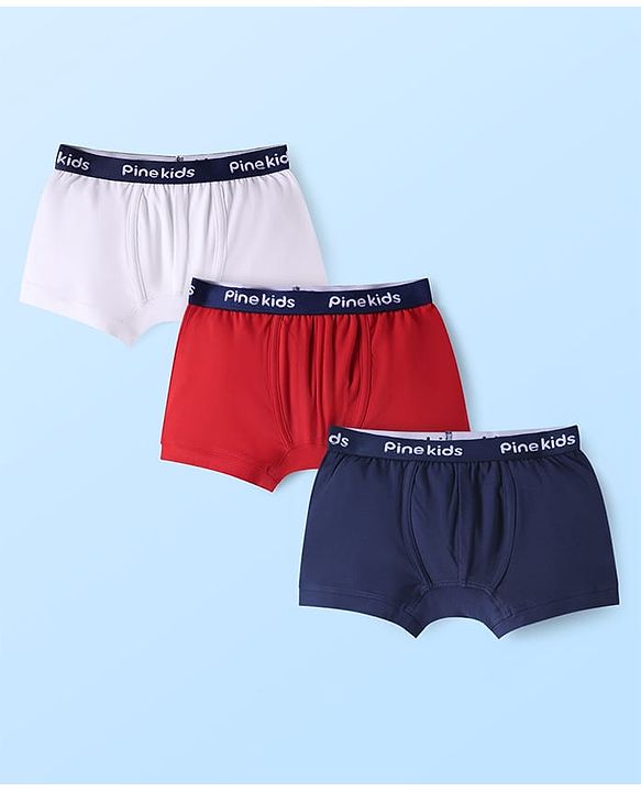 Pine Kids Cotton Knit Solid Trunks with Logo Embroidery Pack of 3 (Colour May Vary)