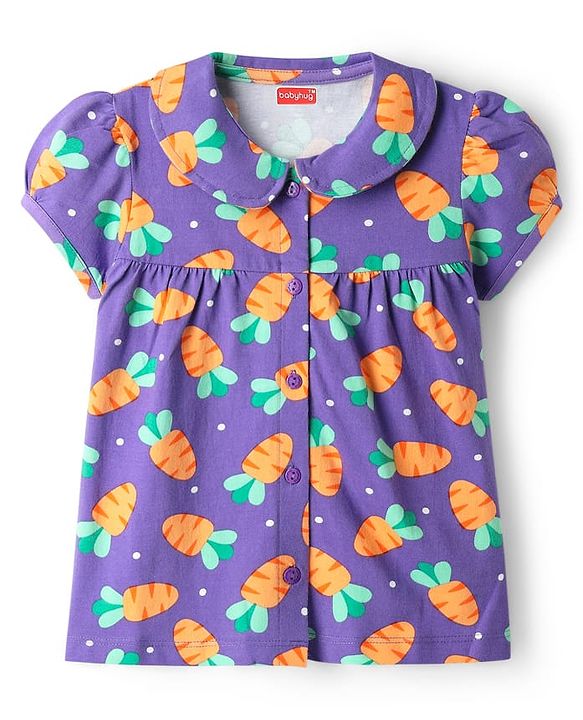 Babyhug Cotton Knit Half Sleeves Front Open Co-ords Night Suit with Carrot Print - Violet