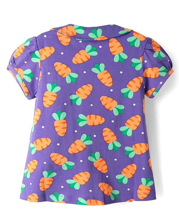 Babyhug Cotton Knit Half Sleeves Front Open Co-ords Night Suit with Carrot Print - Violet