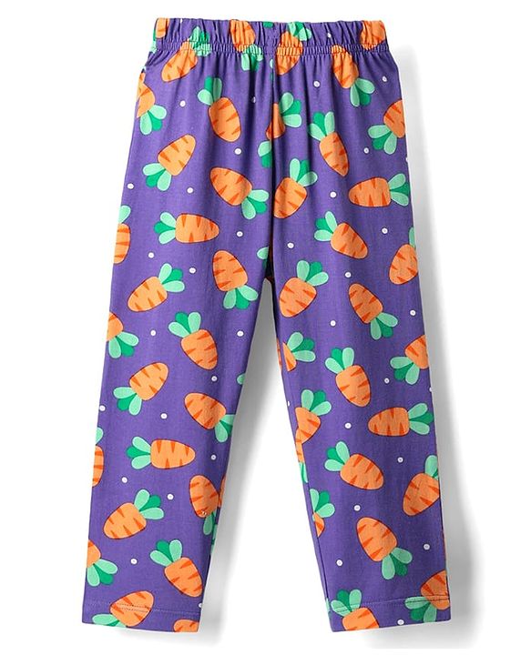Babyhug Cotton Knit Half Sleeves Front Open Co-ords Night Suit with Carrot Print - Violet
