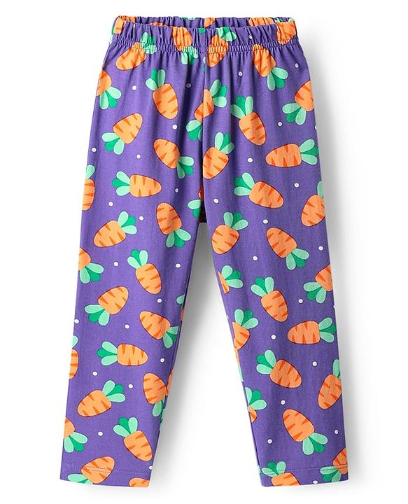 Babyhug Cotton Knit Half Sleeves Front Open Co-ords Night Suit with Carrot Print - Violet