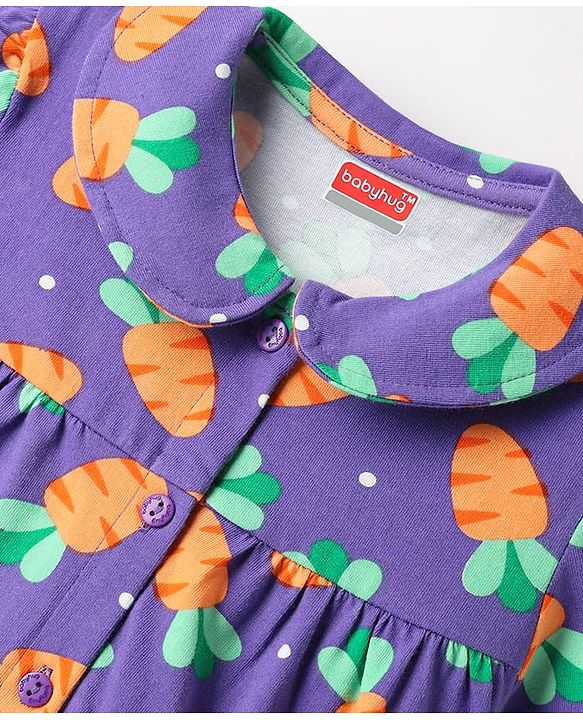 Babyhug Cotton Knit Half Sleeves Front Open Co-ords Night Suit with Carrot Print - Violet