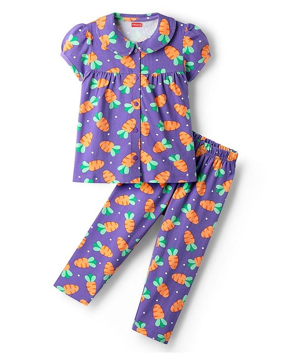 Babyhug Cotton Knit Half Sleeves Front Open Co-ords Night Suit with Carrot Print - Violet
