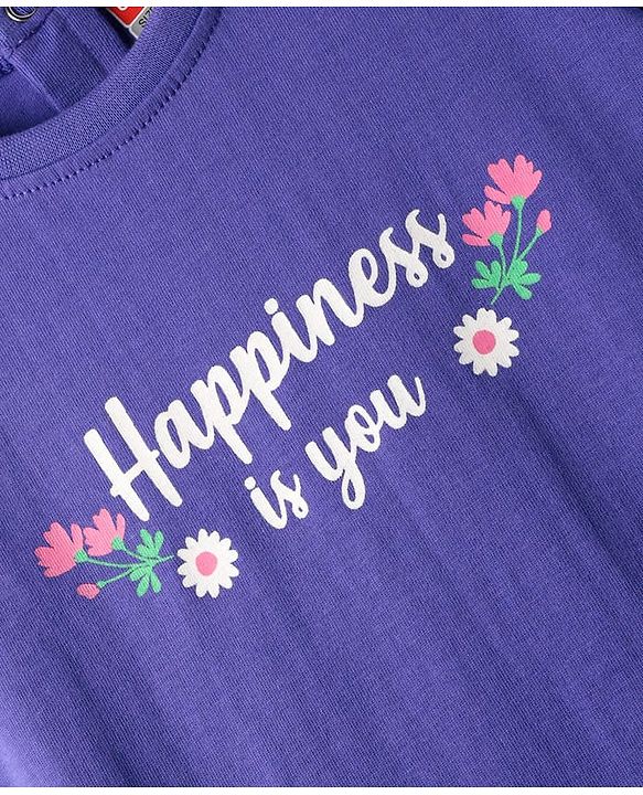 Babyhug Cotton Knit Puffed Sleeves Night Suit with Happiness Is You Text Print - Voilet