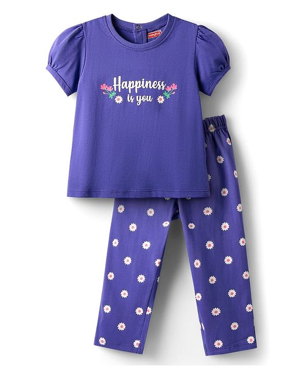 Babyhug Cotton Knit Puffed Sleeves Night Suit with Happiness Is You Text Print - Voilet