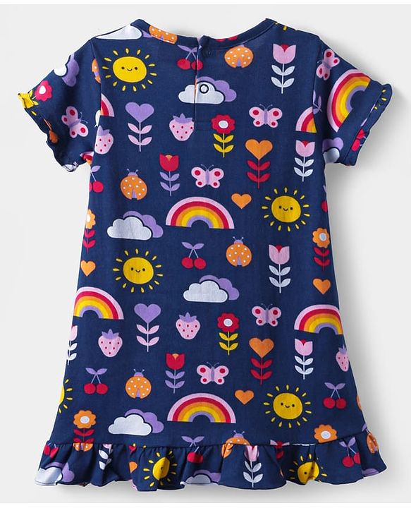 Babyhug Cotton Knit Half Sleeves Nighty with Tropical Print & Frill Detailing - Navy Blue