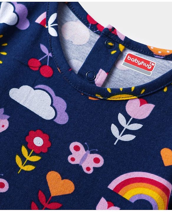 Babyhug Cotton Knit Half Sleeves Nighty with Tropical Print & Frill Detailing - Navy Blue