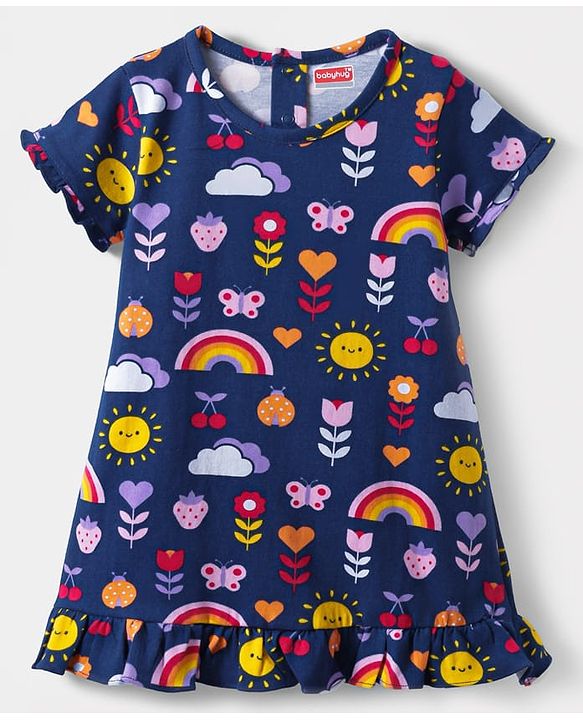 Babyhug Cotton Knit Half Sleeves Nighty with Tropical Print & Frill Detailing - Navy Blue