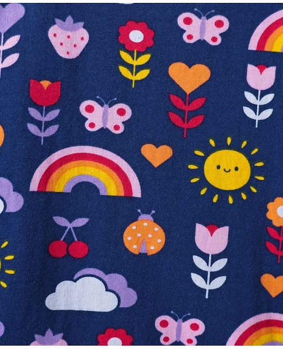 Babyhug Cotton Knit Half Sleeves Nighty with Tropical Print & Frill Detailing - Navy Blue