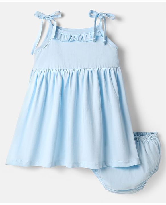 Babyhug Single Jersey Knit Sleeveless Solid Frock With Bloomer - Light Blue