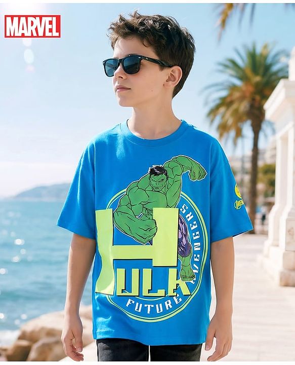 Pine Kids Marvel Single Jersey Knit Half Drop Shoulder Sleeves Oversized T-Shirt with Avengers Graphics & Badge Detailing - Blue