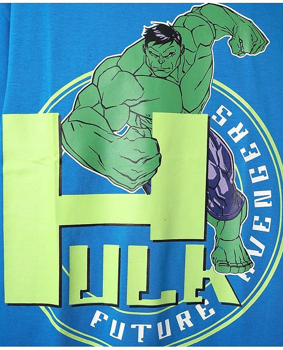 Pine Kids Marvel Single Jersey Knit Half Drop Shoulder Sleeves Oversized T-Shirt with Avengers Graphics & Badge Detailing - Blue