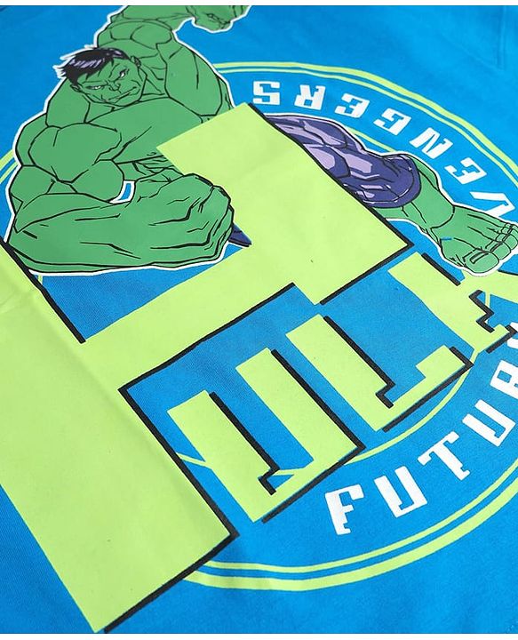 Pine Kids Marvel Single Jersey Knit Half Drop Shoulder Sleeves Oversized T-Shirt with Avengers Graphics & Badge Detailing - Blue