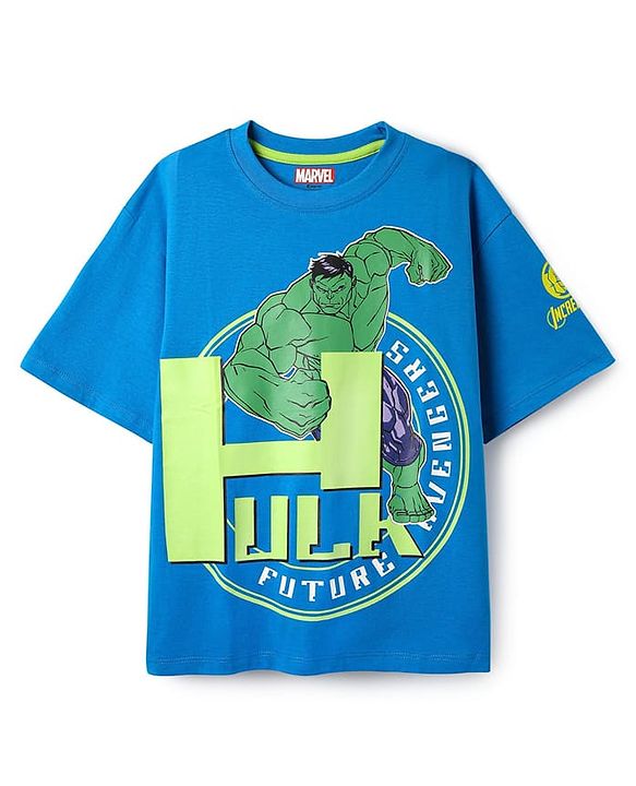 Pine Kids Marvel Single Jersey Knit Half Drop Shoulder Sleeves Oversized T-Shirt with Avengers Graphics & Badge Detailing - Blue