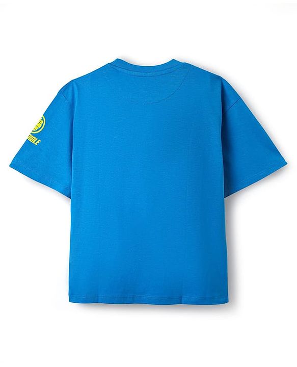 Pine Kids Marvel Single Jersey Knit Half Drop Shoulder Sleeves Oversized T-Shirt with Avengers Graphics & Badge Detailing - Blue