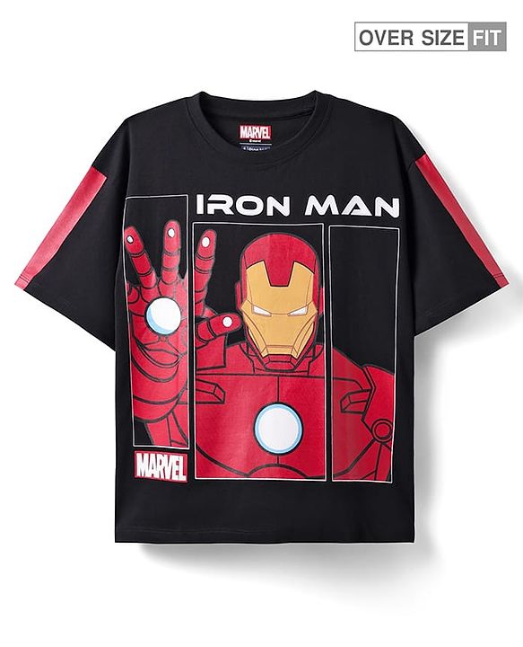 Pine Kids Marvel Single Jersey Knit Half Drop Shoulder Sleeves Oversized T-Shirt with Iron Man Graphics - Black
