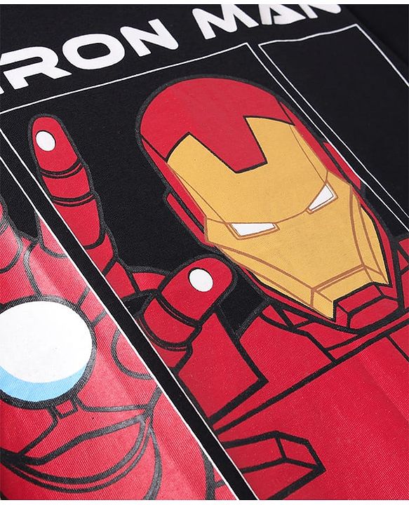 Pine Kids Marvel Single Jersey Knit Half Drop Shoulder Sleeves Oversized T-Shirt with Iron Man Graphics - Black