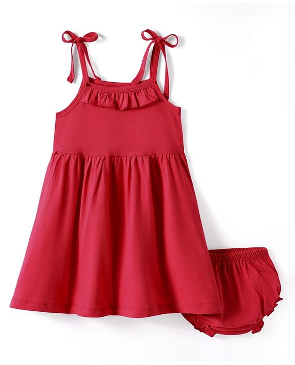 Babyhug Single Jersey Knit Solid Colour Sleeveless Frock With Bloomers - Red