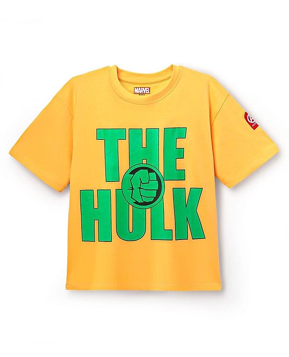 Pine Kids Marvel Single Jersey Knit Oversize Drop Shoulder Half Sleeve T-Shirt With Badge Detaling And Avengers Graphics - Yellow