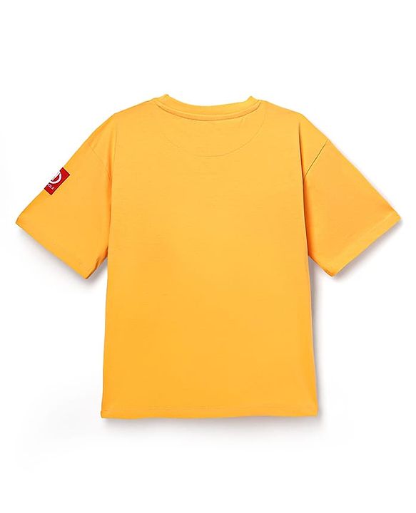 Pine Kids Marvel Single Jersey Knit Oversize Drop Shoulder Half Sleeve T-Shirt With Badge Detaling And Avengers Graphics - Yellow