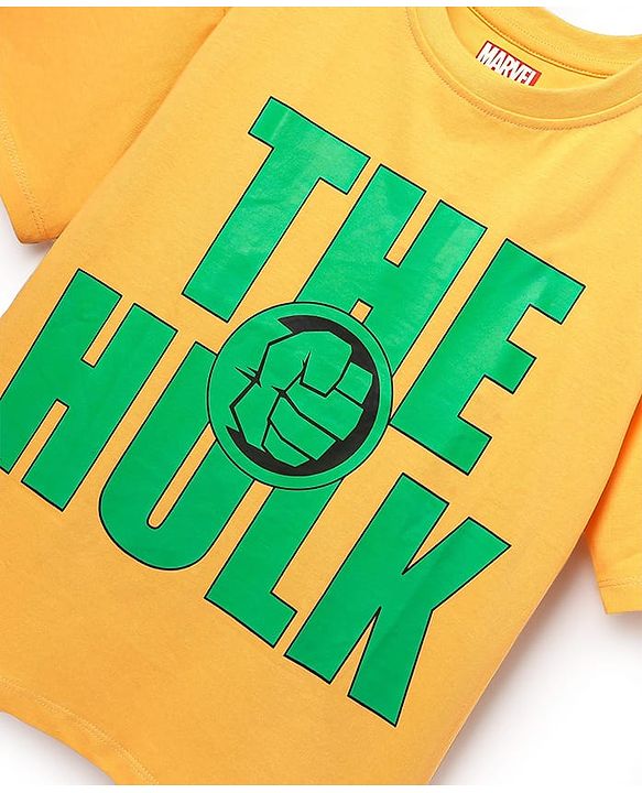 Pine Kids Marvel Single Jersey Knit Oversize Drop Shoulder Half Sleeve T-Shirt With Badge Detaling And Avengers Graphics - Yellow