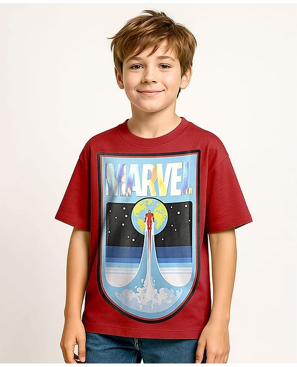Pine Kids Marvel Single Jersey Knit Oversized Drop Shoulder Half Sleeve T-Shirt With Avengers Graphics - Yellow