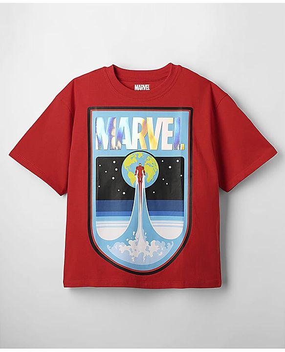 Pine Kids Marvel Single Jersey Knit Oversized Drop Shoulder Half Sleeve T-Shirt With Avengers Graphics - Yellow