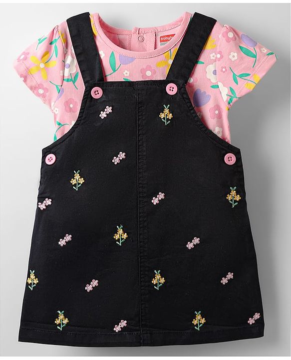 Babyhug Denim Woven Frock & Half Sleeves Inner Tee With Floral Print & Embroidery - Black & Pink