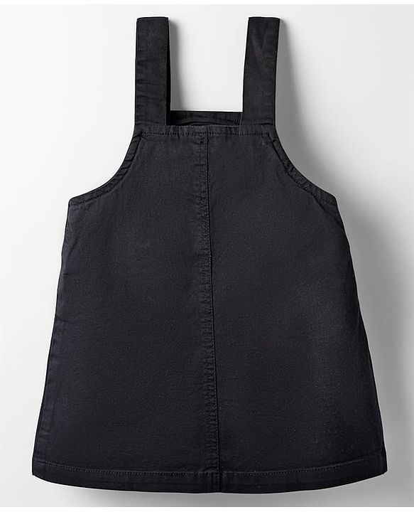 Babyhug Denim Woven Frock & Half Sleeves Inner Tee With Floral Print & Embroidery - Black & Pink