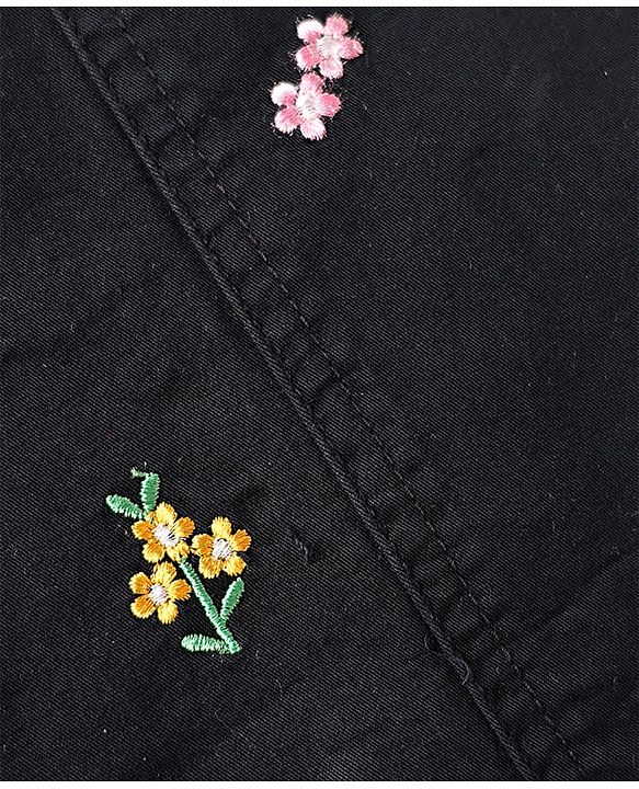 Babyhug Denim Woven Frock & Half Sleeves Inner Tee With Floral Print & Embroidery - Black & Pink