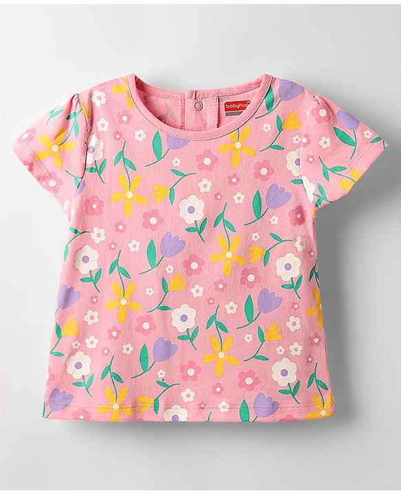 Babyhug Denim Woven Frock & Half Sleeves Inner Tee With Floral Print & Embroidery - Black & Pink