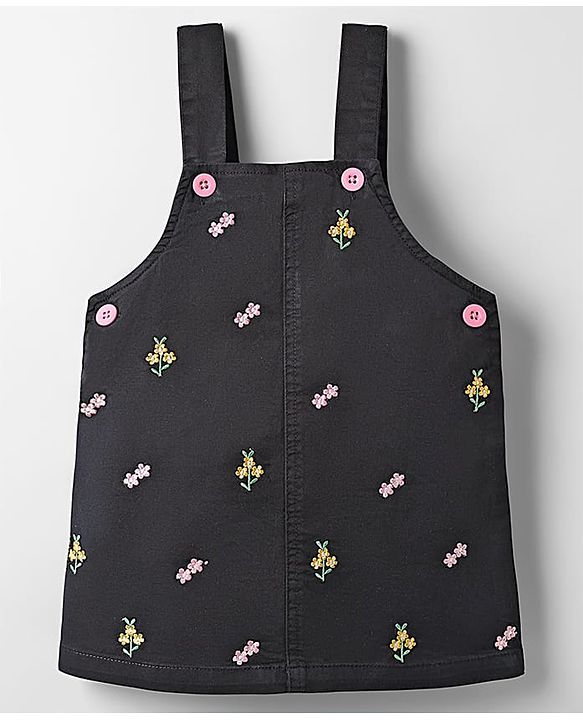 Babyhug Denim Woven Frock & Half Sleeves Inner Tee With Floral Print & Embroidery - Black & Pink