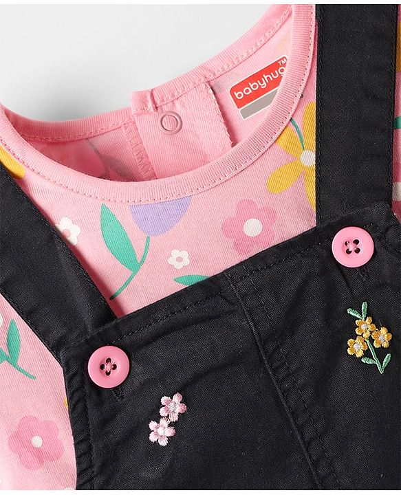 Babyhug Denim Woven Frock & Half Sleeves Inner Tee With Floral Print & Embroidery - Black & Pink