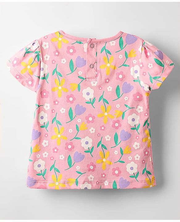 Babyhug Denim Woven Frock & Half Sleeves Inner Tee With Floral Print & Embroidery - Black & Pink