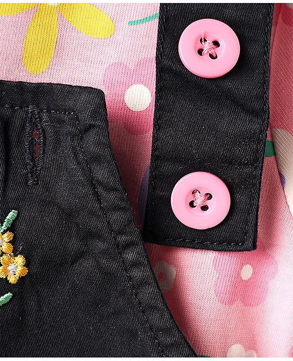 Babyhug Denim Woven Frock & Half Sleeves Inner Tee With Floral Print & Embroidery - Black & Pink
