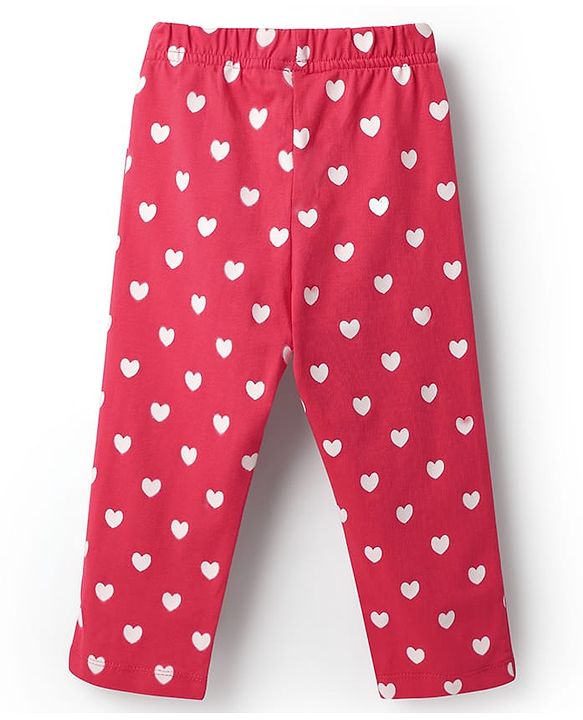 Babyhug Cotton Knit Half Puffed Sleeves Co-ords Front Open Peter Pan Collared Night Suit with Hearts Print - Red