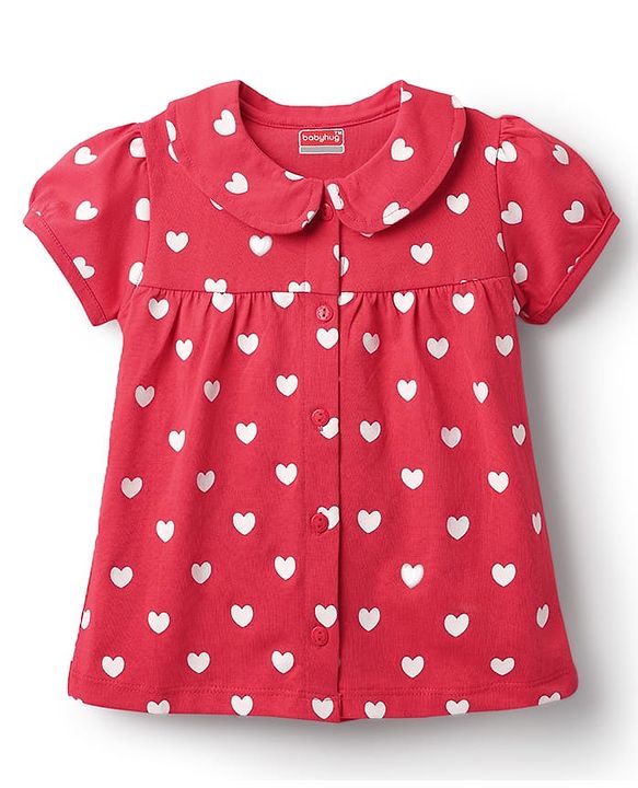 Babyhug Cotton Knit Half Puffed Sleeves Co-ords Front Open Peter Pan Collared Night Suit with Hearts Print - Red