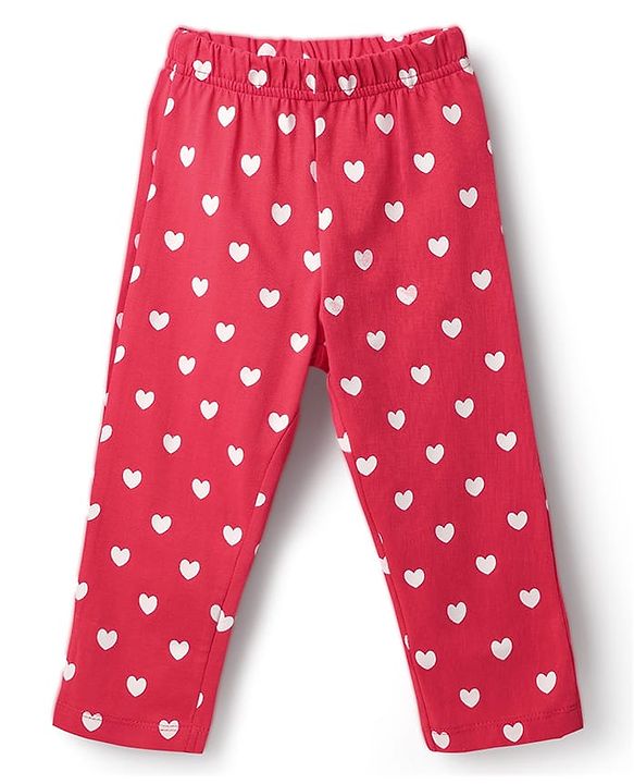 Babyhug Cotton Knit Half Puffed Sleeves Co-ords Front Open Peter Pan Collared Night Suit with Hearts Print - Red