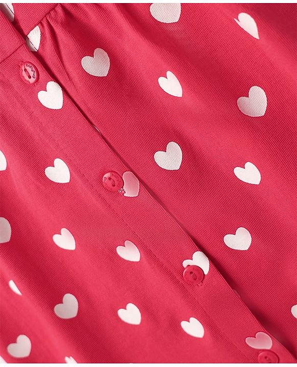 Babyhug Cotton Knit Half Puffed Sleeves Co-ords Front Open Peter Pan Collared Night Suit with Hearts Print - Red