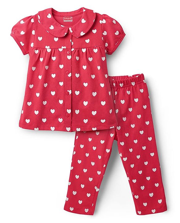 Babyhug Cotton Knit Half Puffed Sleeves Co-ords Front Open Peter Pan Collared Night Suit with Hearts Print - Red