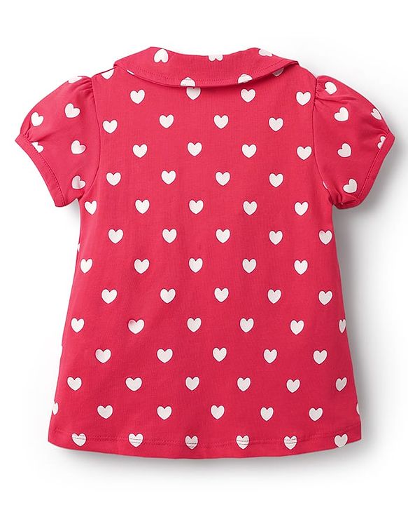 Babyhug Cotton Knit Half Puffed Sleeves Co-ords Front Open Peter Pan Collared Night Suit with Hearts Print - Red