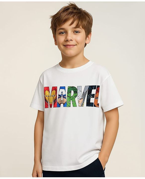 Pine Kids Marvel Single Jersey Knit Half Drop Shoulder Sleeves Oversized T-Shirt with Avengers Graphics - White