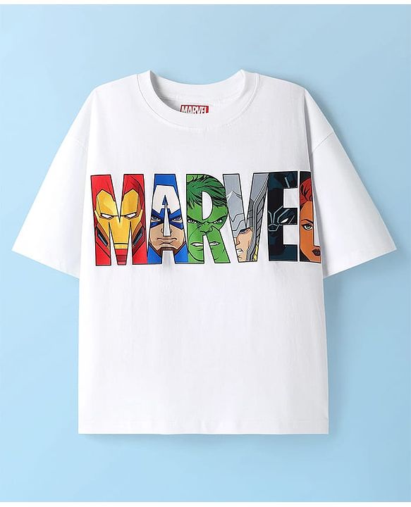 Pine Kids Marvel Single Jersey Knit Half Drop Shoulder Sleeves Oversized T-Shirt with Avengers Graphics - White