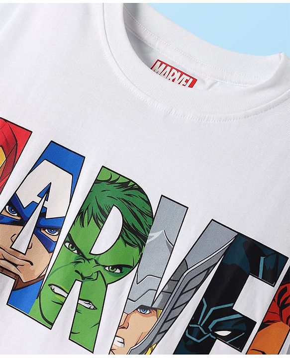 Pine Kids Marvel Single Jersey Knit Half Drop Shoulder Sleeves Oversized T-Shirt with Avengers Graphics - White
